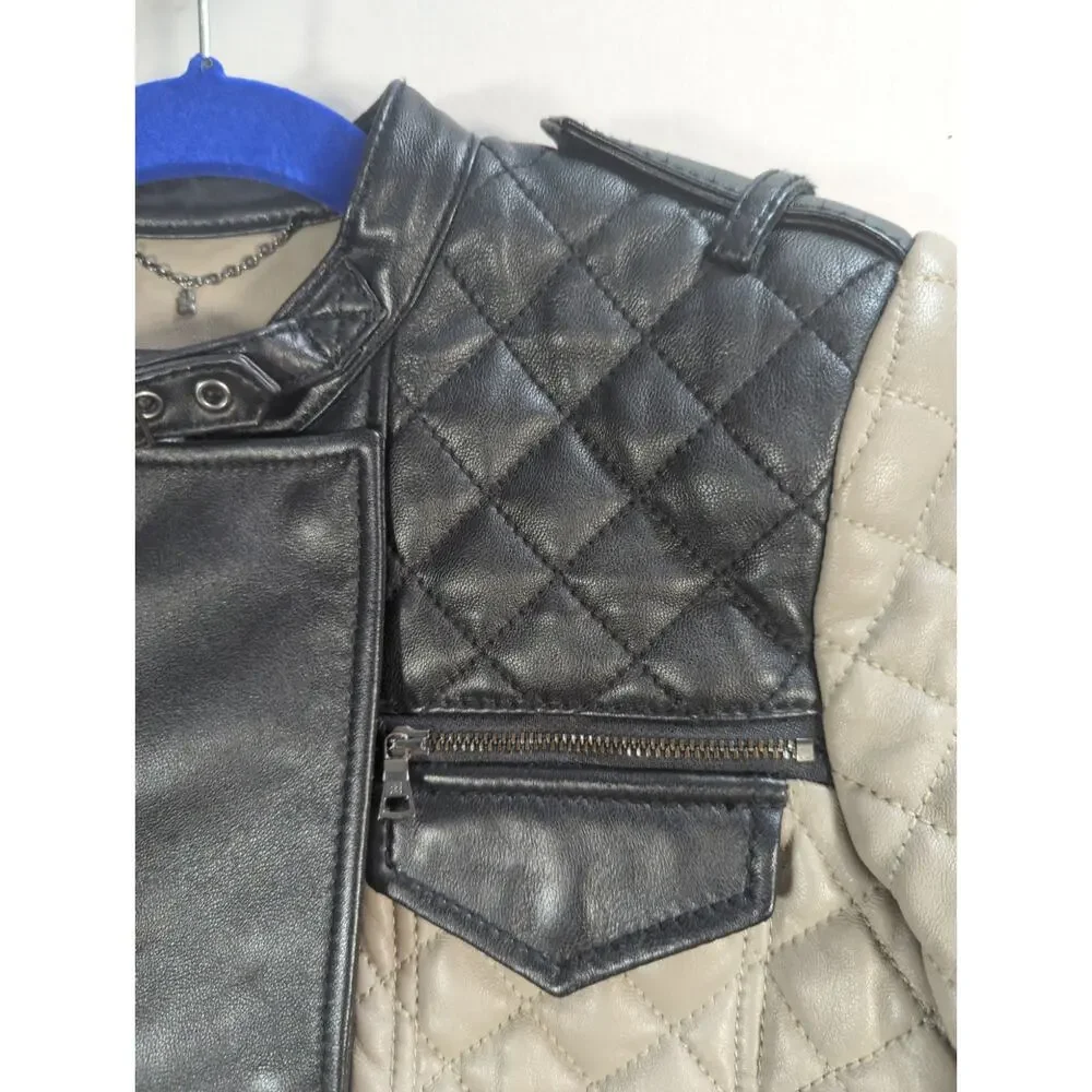 BCBGMAXAZRIA Jacket XS Black Beige Quilted Lamb Leather Moto Biker Womens